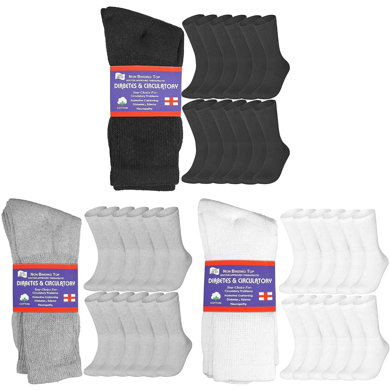 12-Pairs: Cotton Non-Binding Diabetic and Circulatory Crew Socks