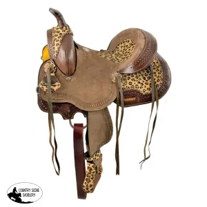 13  inch Double T  Hard Seat Barrel style saddle with Cheetah Seat and leather tassels.