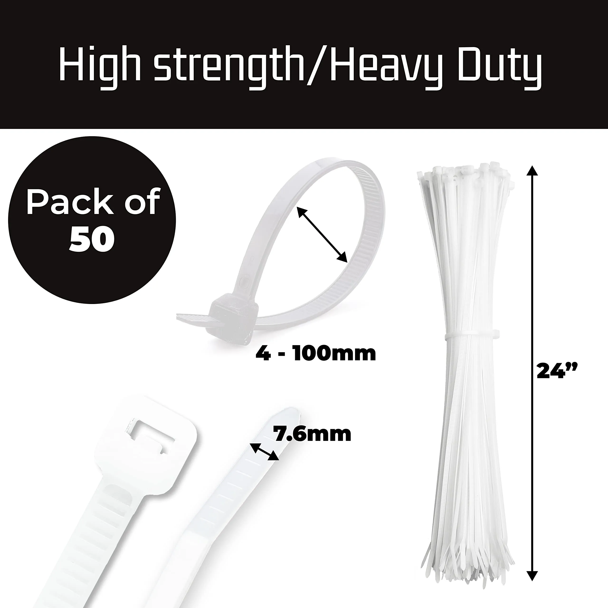 24 Inch Zip Cable Ties (50 Pack), 175Lbs Tensile Strength - Heavy Duty White