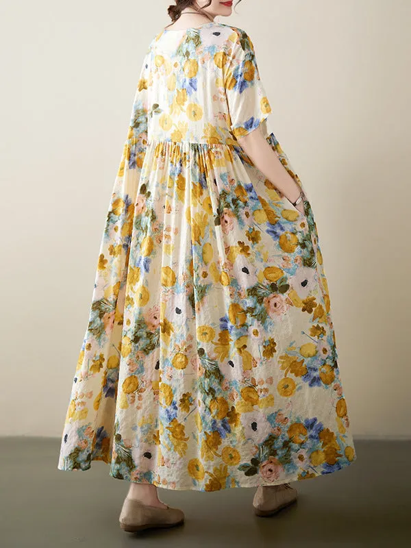 A-Line Loose Floral Printed Round-Neck Midi Dresses