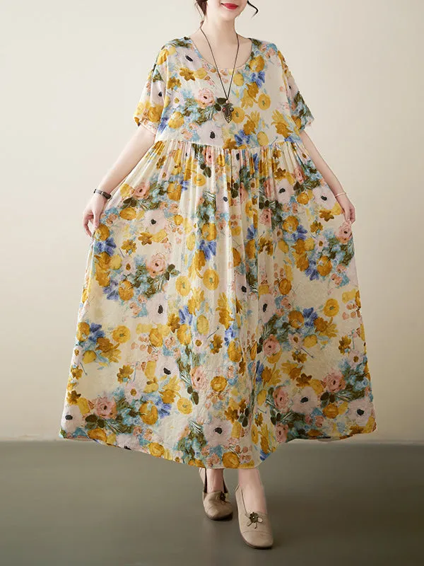 A-Line Loose Floral Printed Round-Neck Midi Dresses