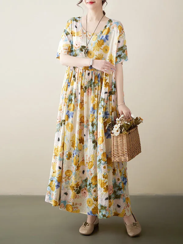 A-Line Loose Floral Printed Round-Neck Midi Dresses