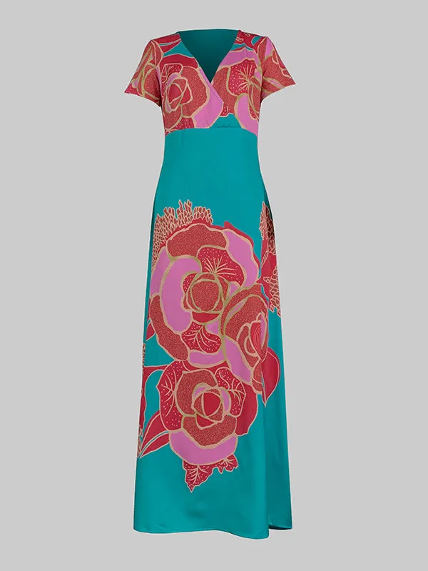 A-Line Loose Floral Printed Split-Joint Deep V-Neck Evening Dresses Maxi Dresses