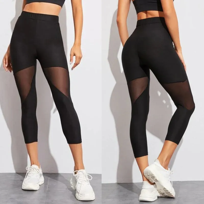 Amy Fashion - Black Patchwork Mesh Capris Leggings