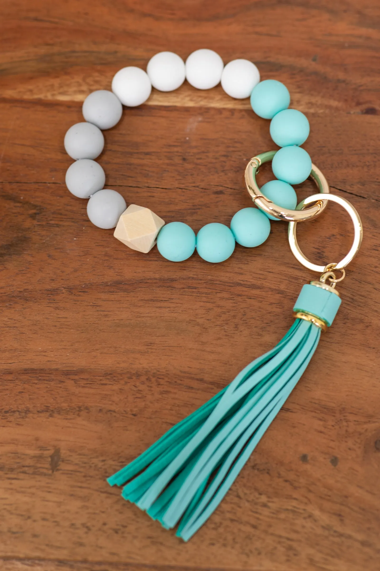 Aqua and Grey Key Ring With Tassel