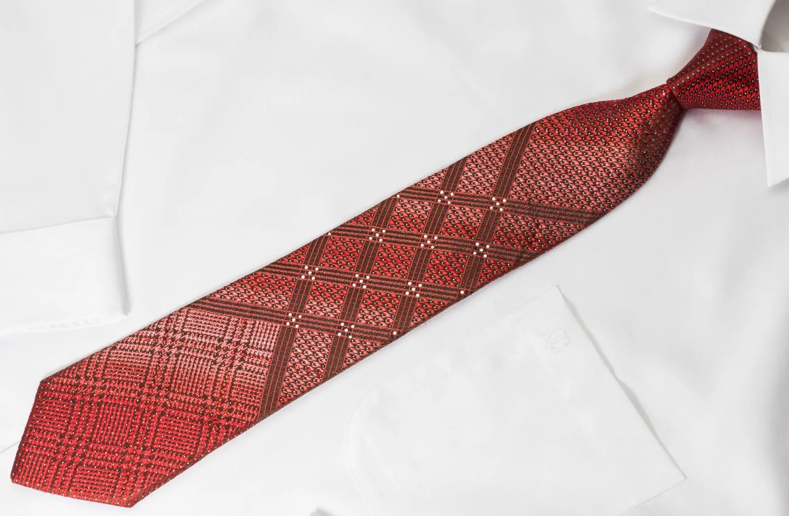 Arpeggio Silk Rhinestone Necktie Plaids On Burgundy With Silver Sparkles