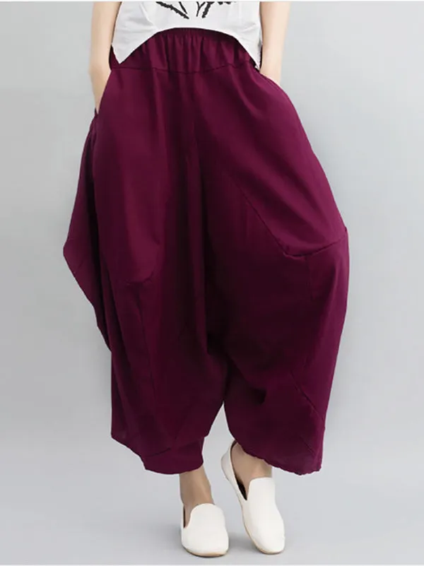 Artistic Retro Ramie Cotton Solid Color Elasticity Harem Pants