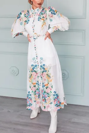 Baroque Floral Print Puff Sleeve Maxi Dress