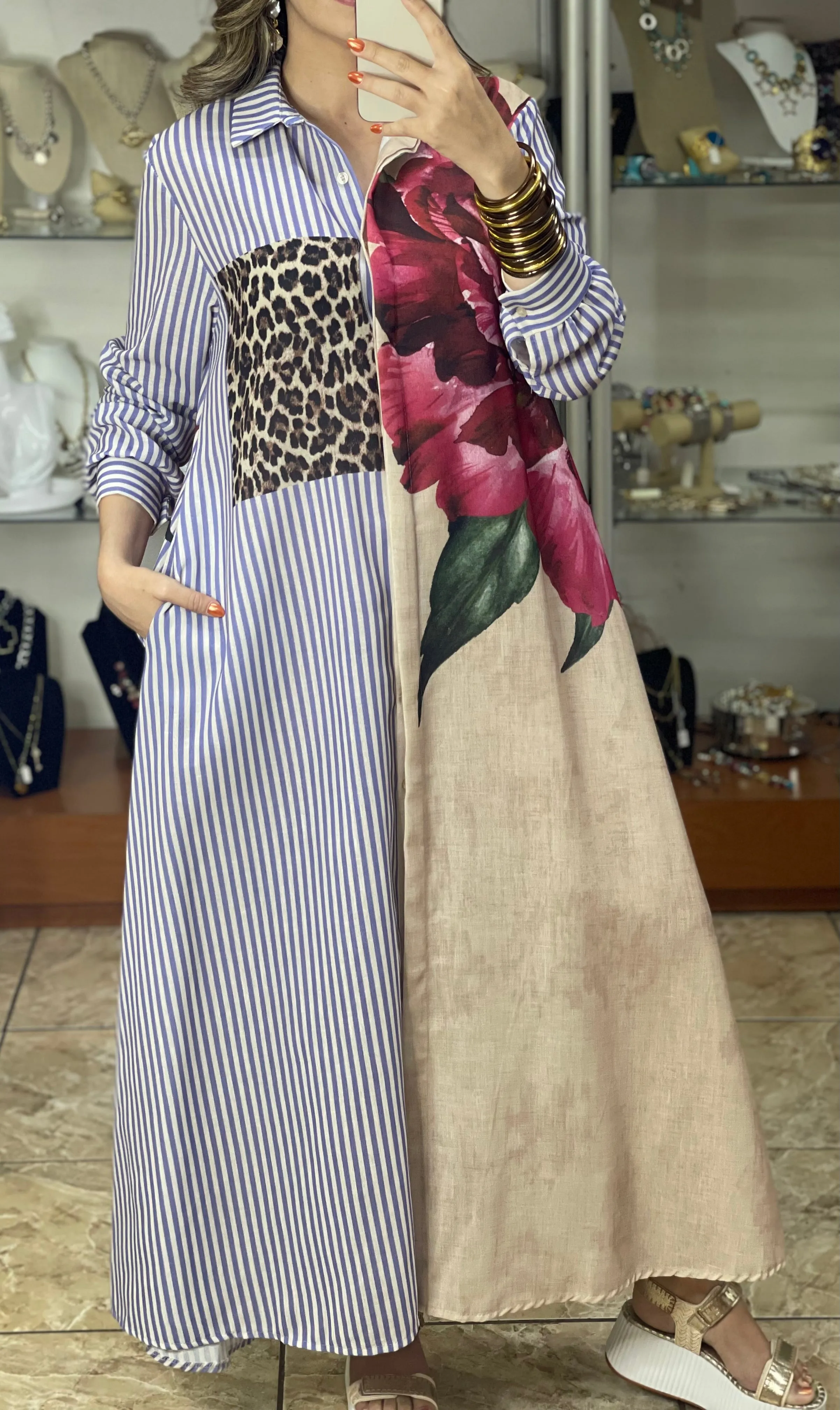 Big Flower Stripes Leo OS Maxi Dress