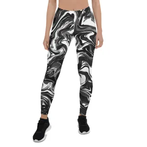 Black White Marbled Casual Leggings, Abstract Marble Print Women's Tights-Made in USA/EU