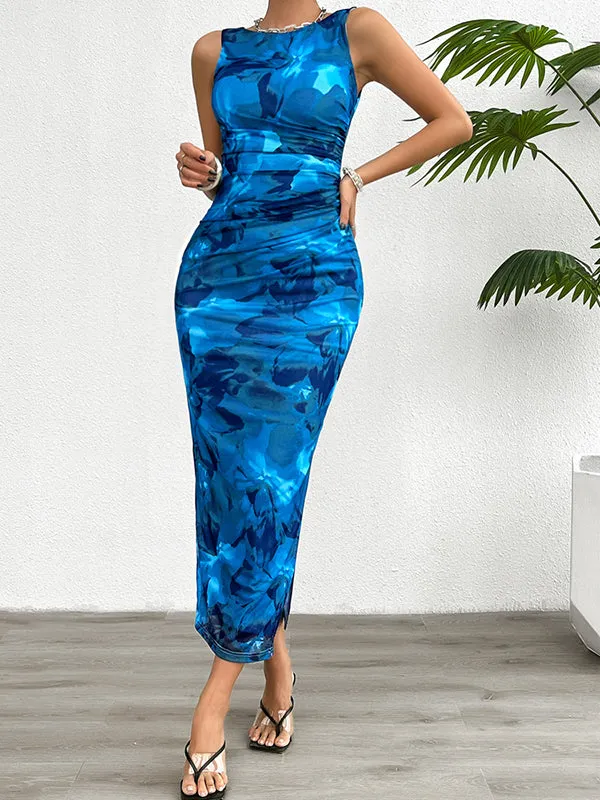 Bodycon Sleeveless Pleated Printed Split-Side Round-Neck Midi Dresses