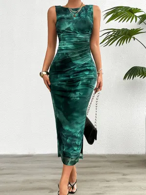 Bodycon Sleeveless Pleated Printed Split-Side Round-Neck Midi Dresses