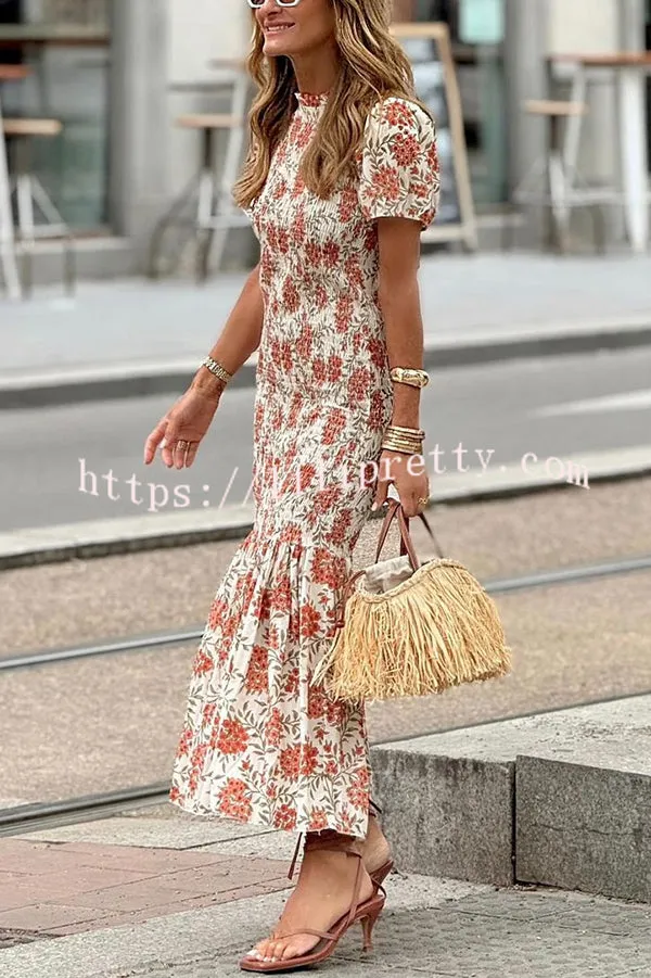 Botanical Floral Print Crew Neck Puff Sleeve Pleated Maxi Dress