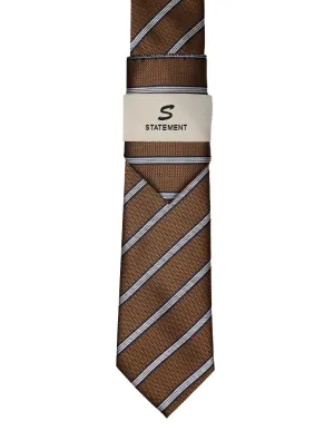 BROWN STRIPE 2 PC TIE & HANKIE SET