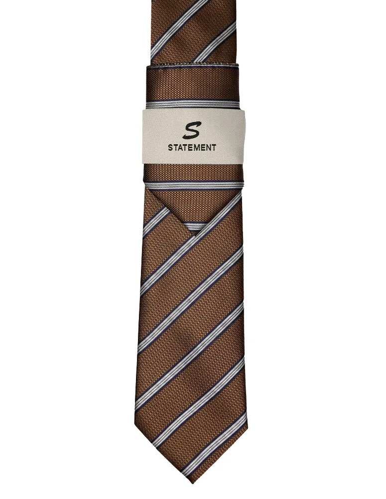 BROWN STRIPE 2 PC TIE & HANKIE SET