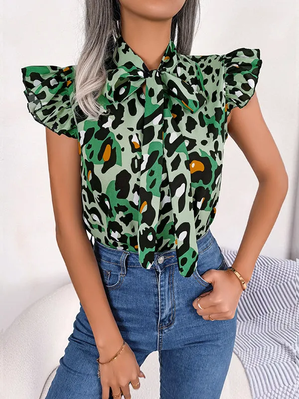 Cap Sleeve Loose Leopard Statement Collar Vest Top