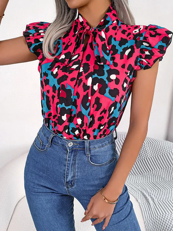 Cap Sleeve Loose Leopard Statement Collar Vest Top