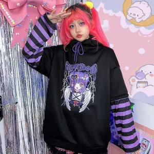 Cartoon Anime Letter Print Striped Sleeve Sweatshirt Hoodie - Gothic Style