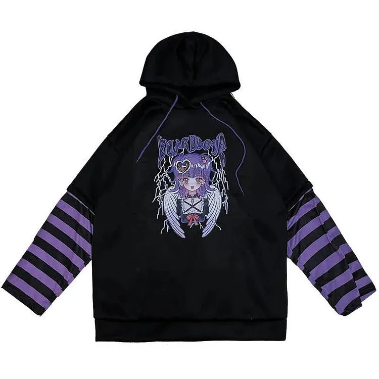 Cartoon Anime Letter Print Striped Sleeve Sweatshirt Hoodie - Gothic Style