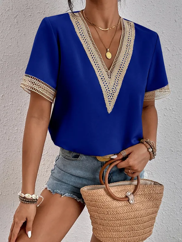 Casual Loose Lace Split-Joint V-Neck T-Shirts Tops