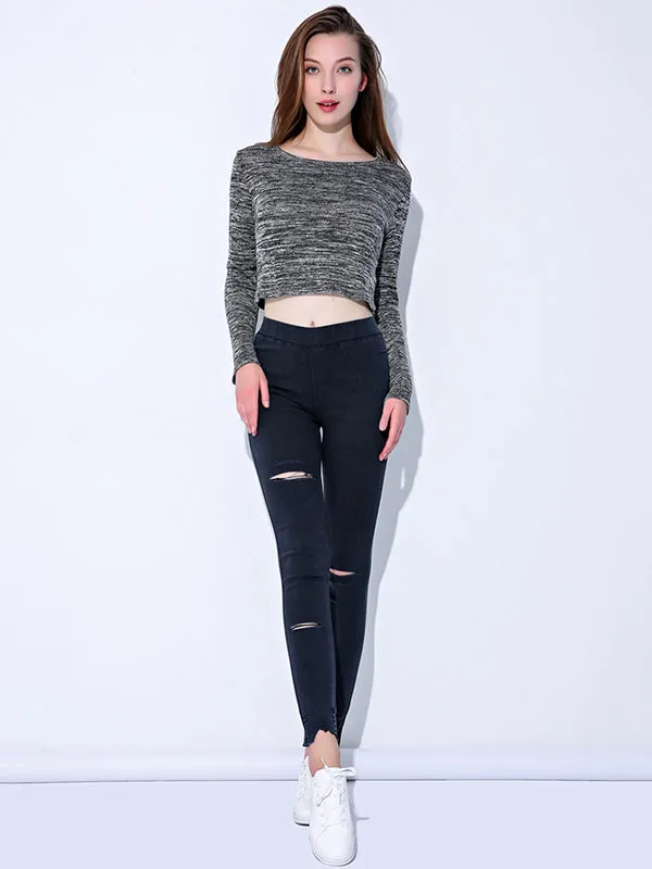 Casual Solid Color Hollow Fringed Skinny Leg Pants