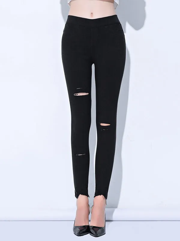 Casual Solid Color Hollow Fringed Skinny Leg Pants