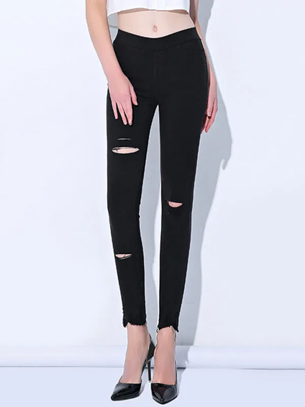 Casual Solid Color Hollow Fringed Skinny Leg Pants