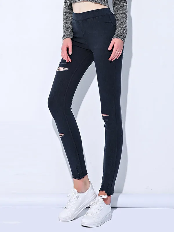 Casual Solid Color Hollow Fringed Skinny Leg Pants