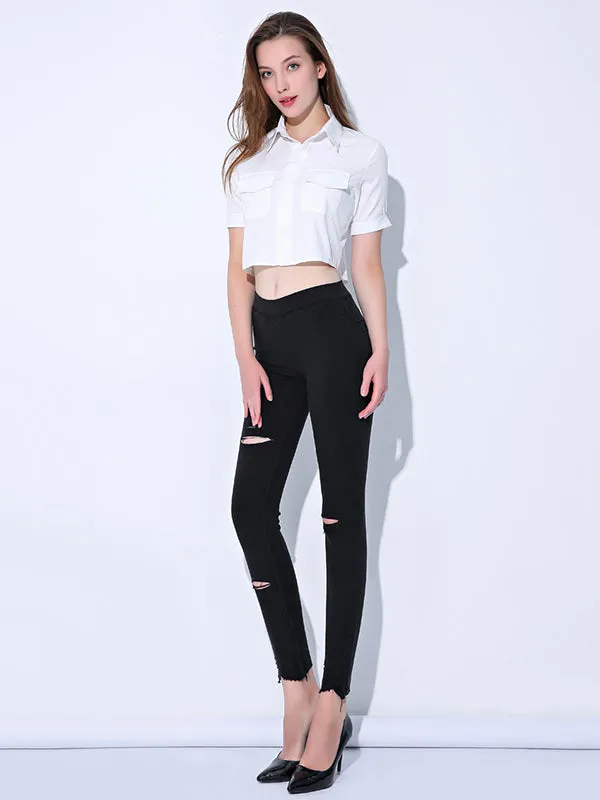 Casual Solid Color Hollow Fringed Skinny Leg Pants