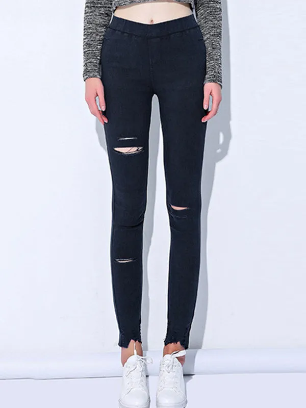 Casual Solid Color Hollow Fringed Skinny Leg Pants