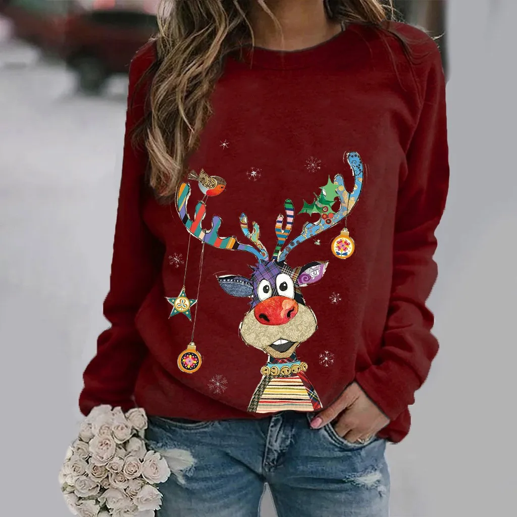 Christmas pattern printed long-sleeved round neck sweater women