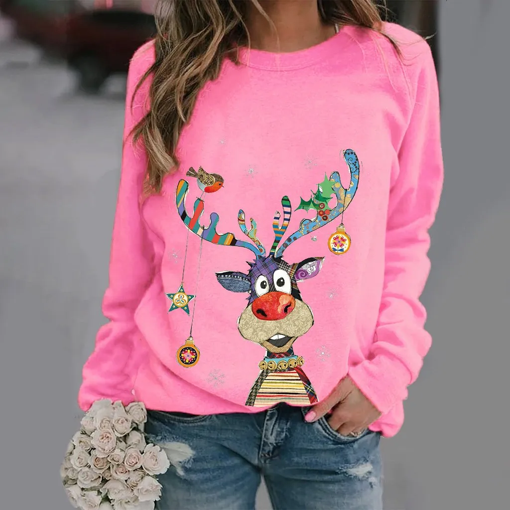 Christmas pattern printed long-sleeved round neck sweater women