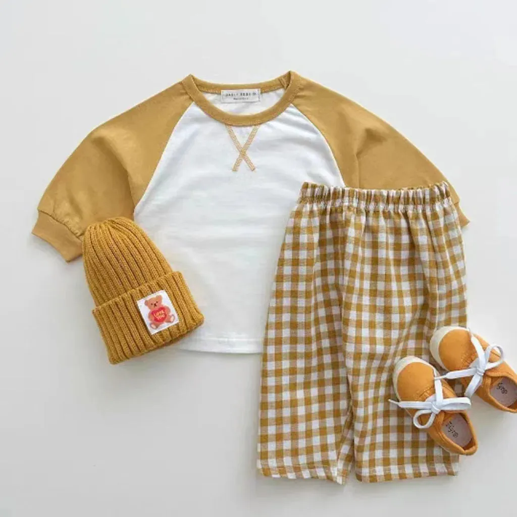 Color-block Tee & Plaid Pants Set