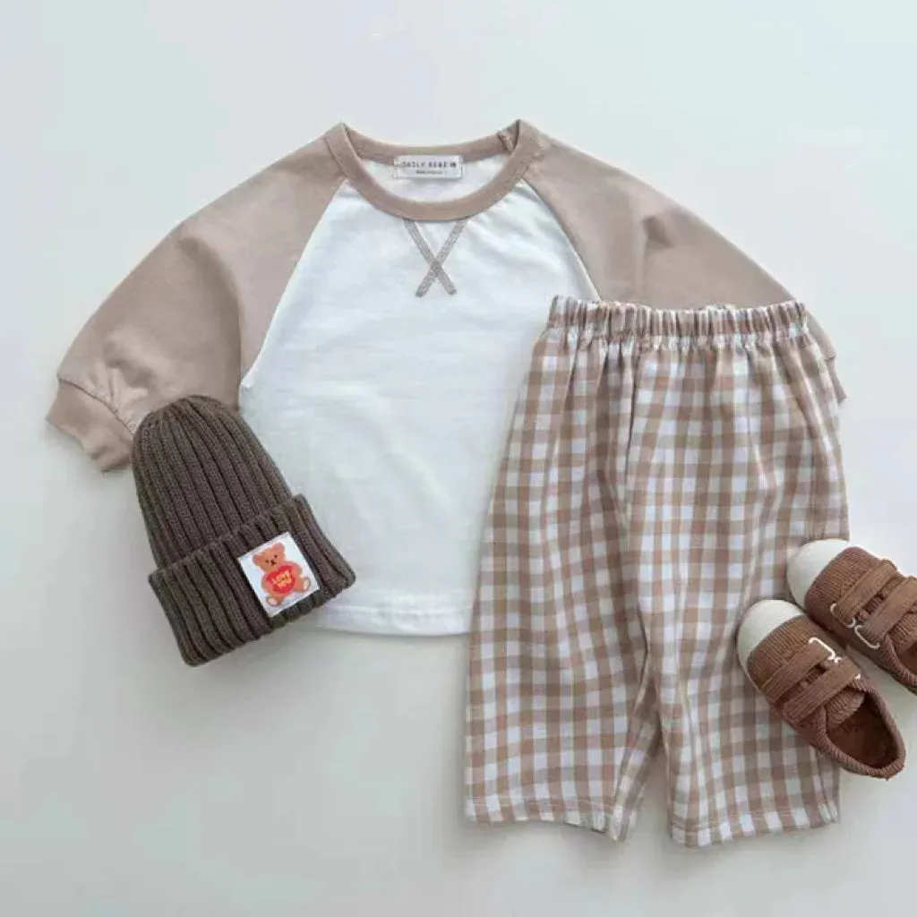 Color-block Tee & Plaid Pants Set