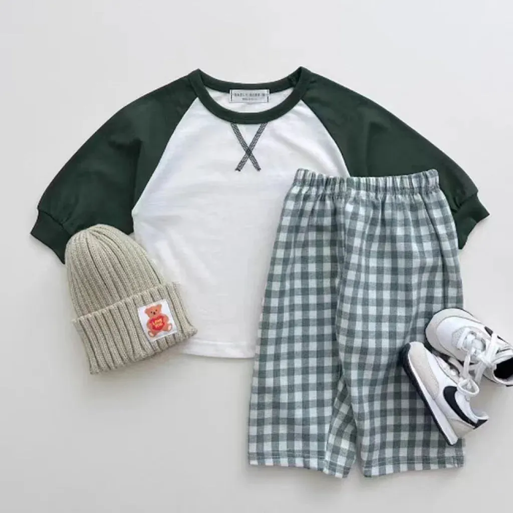 Color-block Tee & Plaid Pants Set