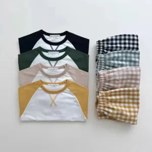 Color-block Tee & Plaid Pants Set