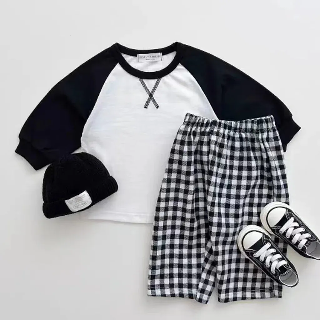 Color-block Tee & Plaid Pants Set