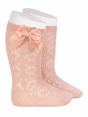 Condor dusky pink openwork knee socks with satin bow