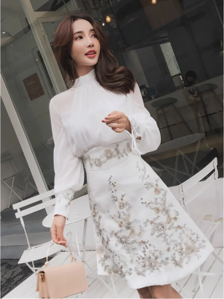 deanwangkt Autumn Skirt Suits Women's Sets Fashion Lantern Sleeve Bows Chiffon Blouses Tops   Vintage Beaded Flower Appliques Skirts