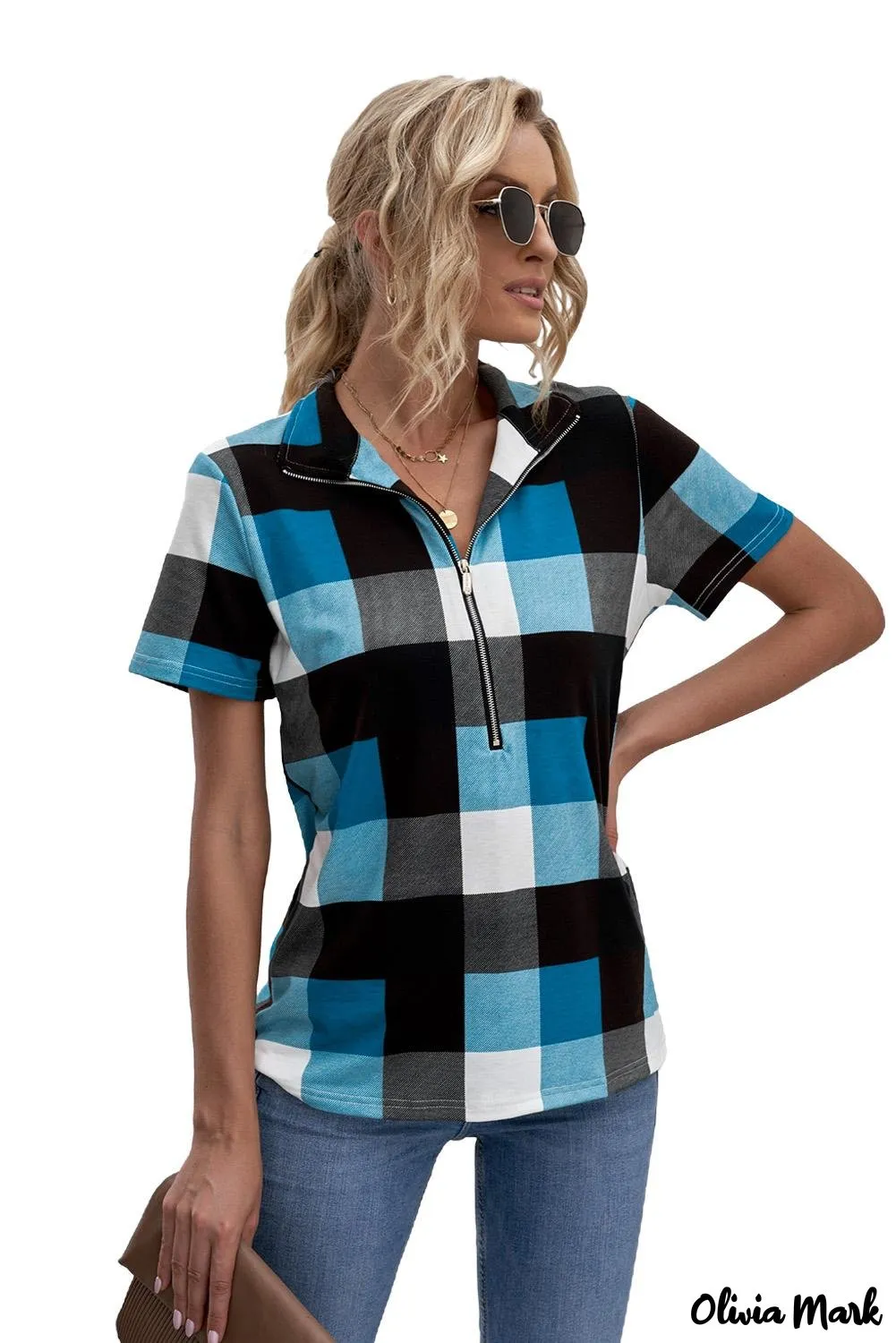 Deanwangkt - Blue Checked Zip V-Neck Short Sleeve Blouse