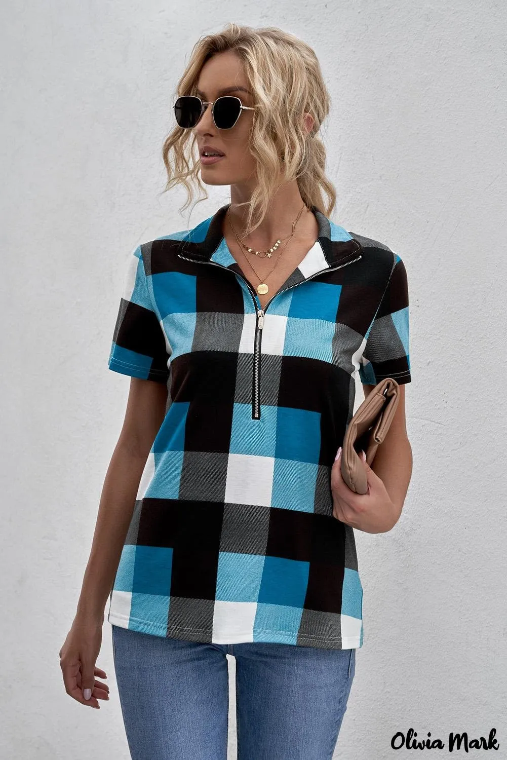 Deanwangkt - Blue Checked Zip V-Neck Short Sleeve Blouse