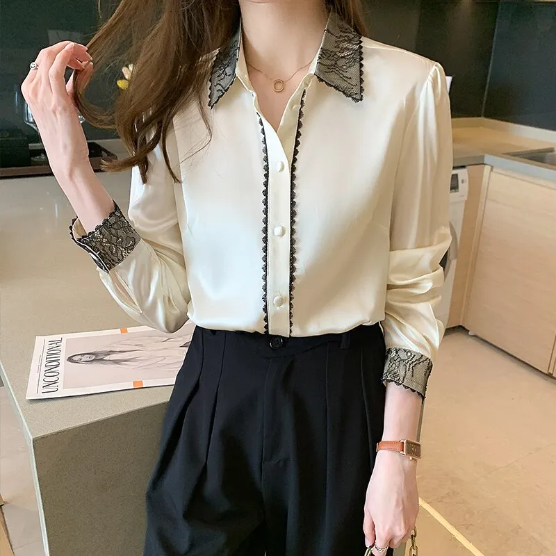 deanwangkt elegant lace shirts office ladies Women's Blouses  Spring Autumn Long Sleeve Shirts Tops Blusas Mujer