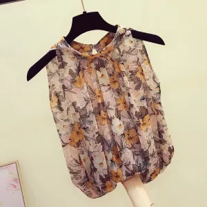 deanwangkt Halter Floral blouse women  summer Korean Sexy fashion elegant loose sleeveless halter retro chiffon shirt Vintage