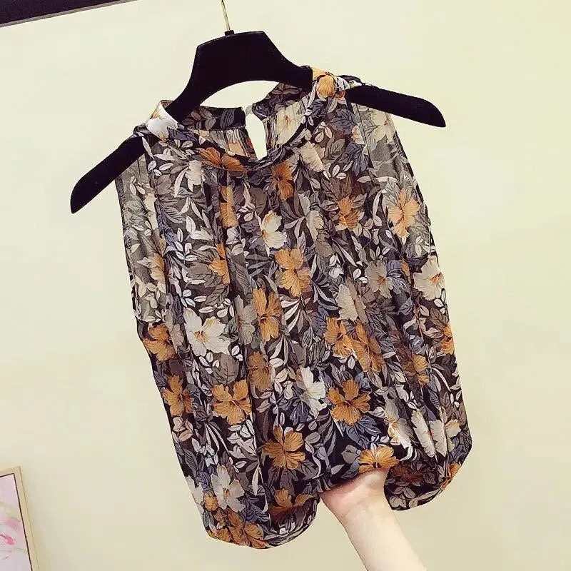 deanwangkt Halter Floral blouse women  summer Korean Sexy fashion elegant loose sleeveless halter retro chiffon shirt Vintage