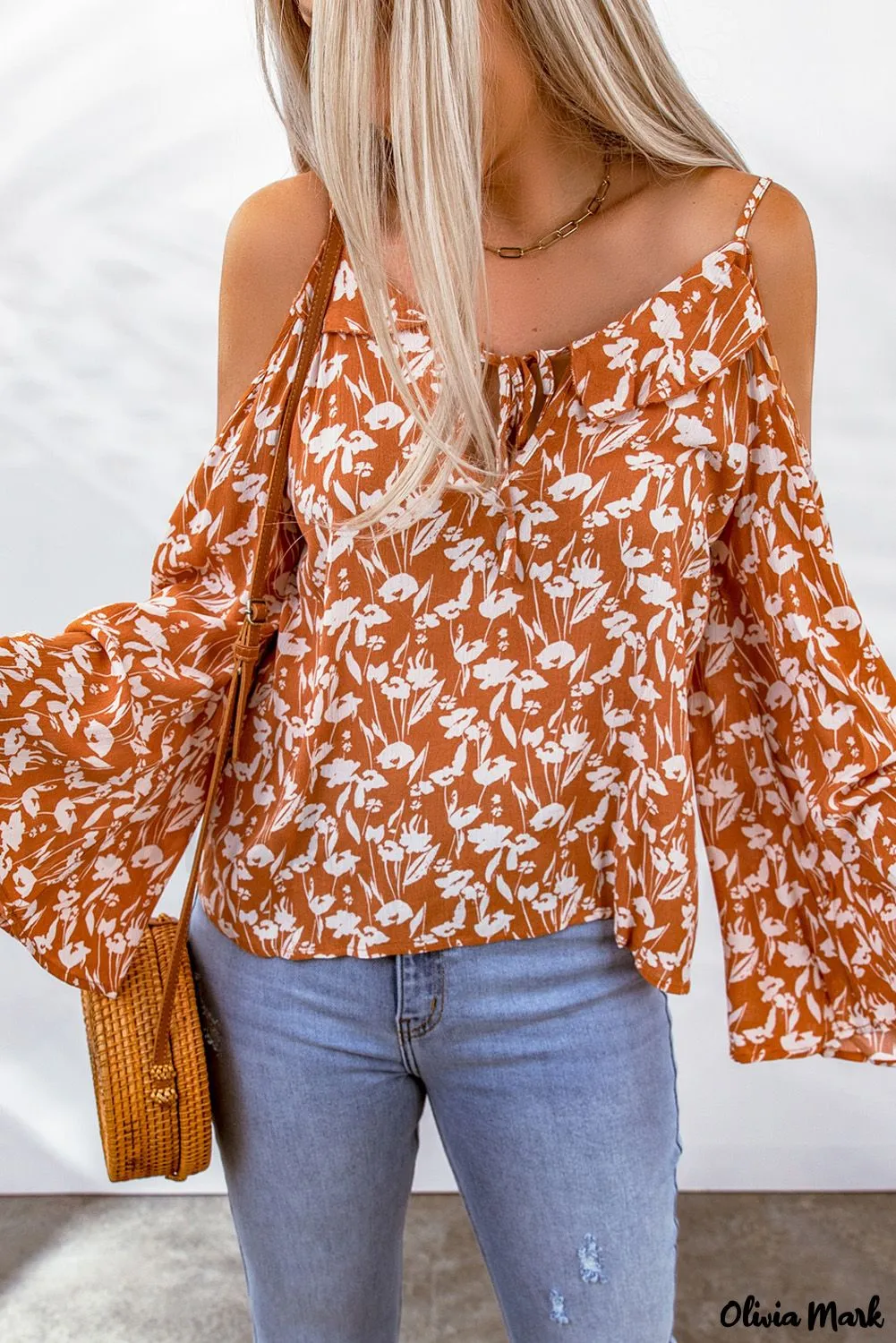 Deanwangkt - Orange Floral Tie Neck Off Shoulder Flare Sleeve Blouse