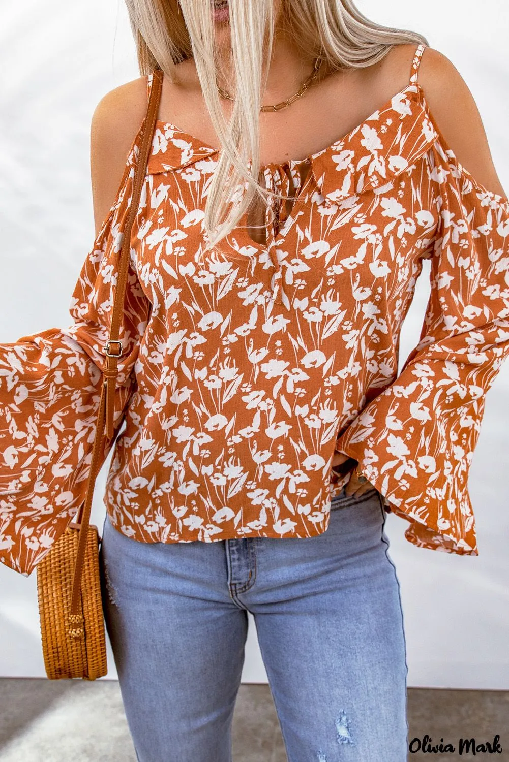 Deanwangkt - Orange Floral Tie Neck Off Shoulder Flare Sleeve Blouse