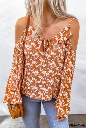 Deanwangkt - Orange Floral Tie Neck Off Shoulder Flare Sleeve Blouse