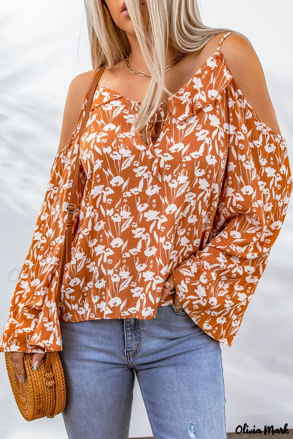 Deanwangkt - Orange Floral Tie Neck Off Shoulder Flare Sleeve Blouse