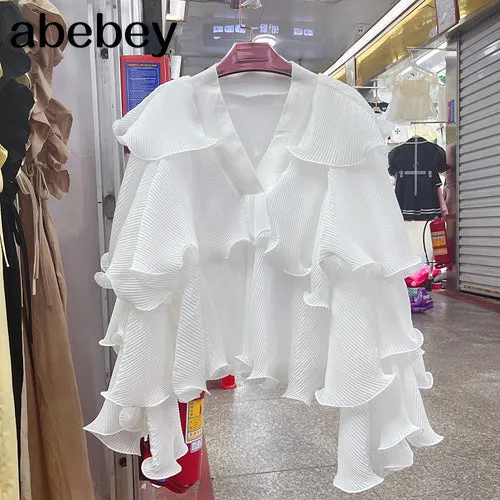 deanwangkt Striped Patchwork Ruffle Blouse For Women V Neck Long Sleeve Elegant Shirt Female Fashion Clothing Spring