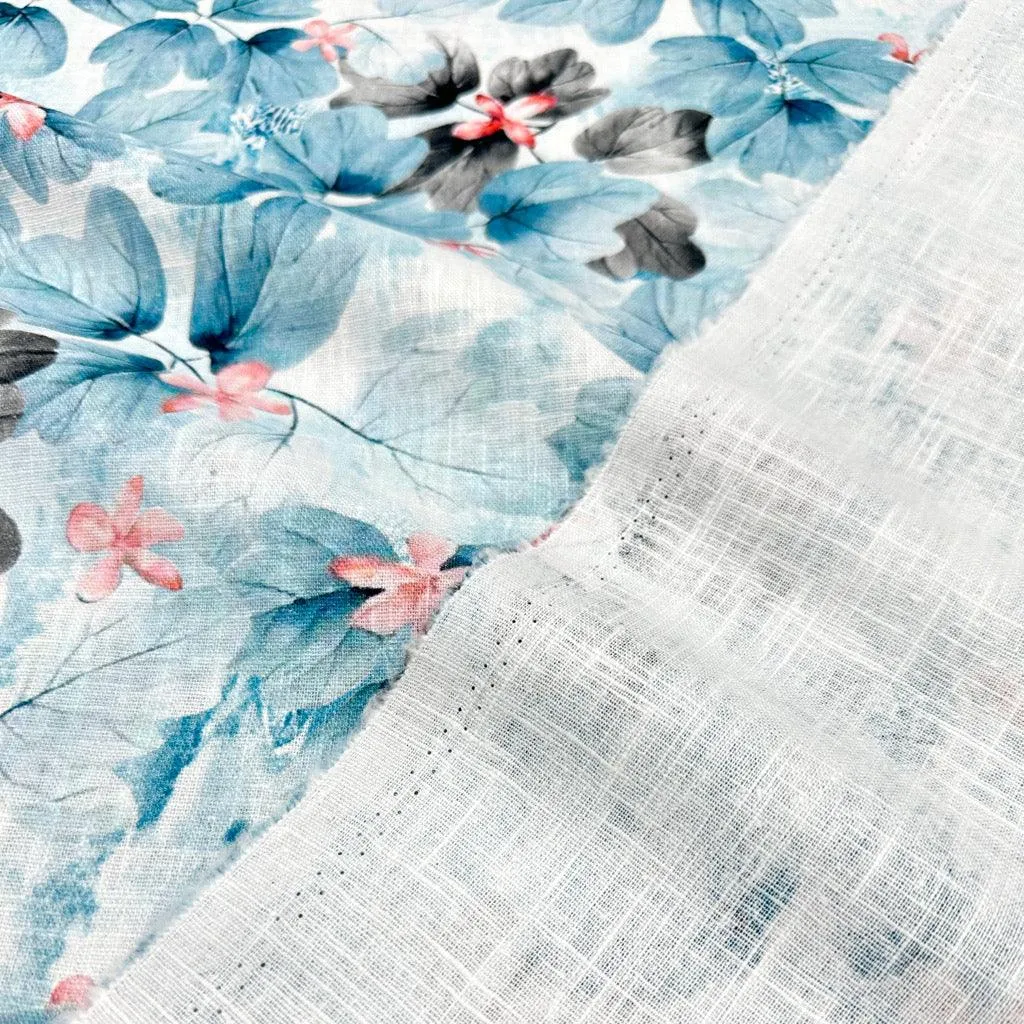 Dusky Blue and Grey Leaves Linen Blend Fabric